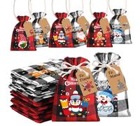 JOLCEEY 12pcs Christmas Burlap Gift Bags, Small Xmas Candy Gift Bags Jute Linen Drawstring Sack Pouch with Tags for Christmas Party Supplies