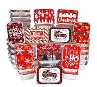 JOLCEEY 36pcs Christmas Aluminum Foil Trays, 9 Styles Xmas Disposable Food Containers with Lids Meal Prep Storage Tray Tin Pans for Cooking Baking Roasting Winter Holiday Party Supplies (Style A)