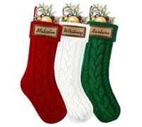 JOLCEEY 3pcs Christmas Stockings, 18 Inch Large Knit Personalized Xmas Hanging Stocking Custom Name Red Green White Stockings with Leather Patches for Christmas Fireplace Tree Decorations