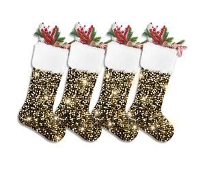 JOLCEEY 4 Pack Christmas Stockings, Large Gold Glitter Sequin Black Xmas Hanging Stockings Decoration for Christmas Fireplace Personalized Decorations Socks