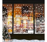 JOLCEEY 4 Sheets Christmas Window Stickers, 15 x 27 Inch Christmas Window Clings Decals Xmas Double-Side Winter Town Clings Decorations for Christmas Window Indoor Decorations