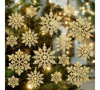 JOLCEEY 40pcs Snowflake Christmas Tree Decorations, Plastic Glitter Snowflakes Hanging Ornaments with Strings for Xmas Tree Party Winter Indoor Decor (Gold)