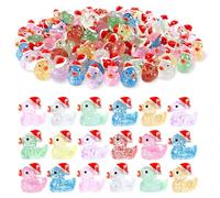 JOLCEEY 50pcs Christmas Mini Ducks, 10 Colors Resin Mini Glitter Ducks Little Small Tiny Plastic Twinkle Ducks with Christmas Hat for Christmas Party Bag Fillers Indoor Decoration