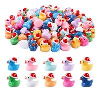 JOLCEEY 50pcs Mini Ducks, 10 Colors Resin Mini Christmas Ducks Little Small Tiny Plastic Ducks with Christmas Hat for Christmas Party Bag Fillers Indoor Decoration