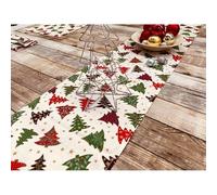 Jolee Christmas Cream, Red & Green Trees Cotton Table Runner - 30cm × 240cm | Festive Holiday Table Decor, Durable & Easy-Care Fabric for Dining