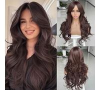 Jolelyne What Are Long Layered Bangs Wigs: Dark Brown Layered Wavy Wigs with Curtain Fringe for White Women Need Little Care