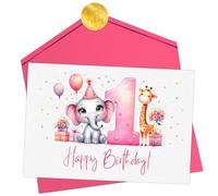 Joli Coon 1st Birthday card girl - Premium Happy Birthday cards for children - First birthday card girl with envelope and golden seal