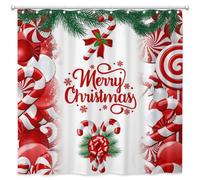 Joliaco Christmas Candy Cane Shower Curtain Red Xmas Pine Tree Branches Bathroom Curtain Set Merry Christmas Polyester Fabric Bathtub Decor with 12 Hooks 72x72 Inches