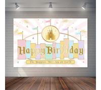 Joliaco Princess Castle Birthday Backdrop Pastel Rainbow Stripes Magical Birthday Background Gold Glitter Happiest Birthday On Earth Party Cake Table Decorations Banner Photo Booth Props (5x3ft)