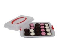 Jolie Max Cake and Pastry Carrier with Handle - Rectangular BPA-Free Clear Plastic Food Storage Box, Lightweight & Durable, (46 x 30 x 9 cm) - Secure Clips, Dishwasher & Freezer Safe (RED)