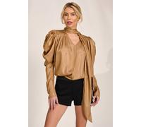 Jolie Moi Bow Neck Puff Sleeve Satin Blouse In Gold Gold
