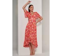 Jolie Moi Floral Pleated Chiffon Dip Hem Dress In Orange Orange 10