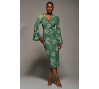 Jolie Moi Frill Sleeve Pleated Wrap Midi Dress In Green Green 12