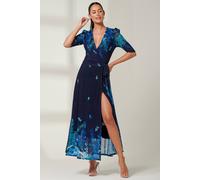 Jolie Moi Kinley Print Wrap Mesh Maxi Dress In Navy Navy 12