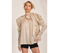 Jolie Moi Women's Bow Neck Puff Sleeve Satin Blouse in Medium Beige | Size: 16