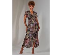 Jolie Moi Women's Chiffon Print Frill Dip Hem Maxi Dress in Black | Size: 16 Jolie Moi Black 16