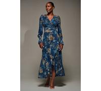 Jolie Moi Women's Long Sleeve Frill Hem Mesh Maxi Dress in Navy | Size: 16