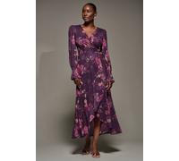 Jolie Moi Women's Long Sleeve Frill Hem Mesh Maxi Dress in Purple | Size: 12