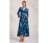 Jolie Moi Women's Long Sleeve V Neck Mesh Maxi Dress in Blue | Size: 16