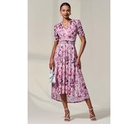 Jolie Moi Women's Petite Wrap Front Ruched Sleeve Midi Dress in Light Pink | Size: 12 Jolie Moi Light Pink 12