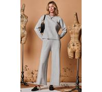 Jolie Moi Women's Round Neck Vertical Line Knit Top in Light Grey | Size: Small/Medium