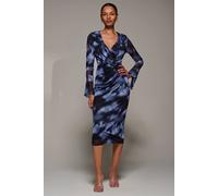 Jolie Moi Women's Ruffle V-Neckline Mesh Bodycon Midaxi Dress in Blue | Size: 16