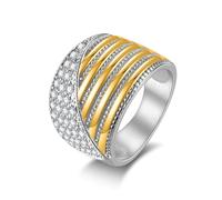 Joliernelle Two Tone Multi Lines Statement Ring Stainless Steel Shiny Full Diamond Ring Eternity Engagement Wedding Band Ring for Women Girls, Metal, Rhinestone