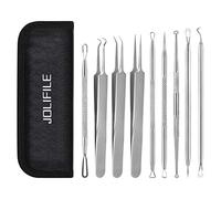 JOLIFILE Pimple Popper Tool, 9 PCs Spot Popper Comedone Blackhead Remover Kits with Curved Tweezers and Pimple Popper Spot Remover for Facial Skin (9PCS-Silver)