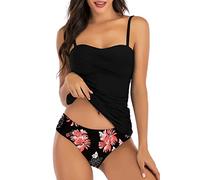 Joligiao 2 Pieces Tankini Sets Twist Front Bandeau Tankini for Women Ruched Tummy Control Swimsuit Adjustable and Removable Straps Bathing Suits Push Up Bikini Top with Brief,Pink Printed,XXL