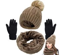 Joligiao 3 in 1 Hat Scarf and Gloves Sets Winter Warm Beanie Hat Scarf Set and Touchscreen Gloves for Women Thick Thermal Fleece Lined Knitted Pompom Beanie Cap and Long Loop Neck Warmer for Outdoor