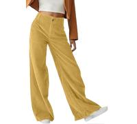 Joligiao Corduroy Trousers Womens Casual Stretch Pull On High Waisted Wide Leg Trousers Ladies Lightweight Full Length Vintage Lounge Pants with Button Zipper 4 Pockets Yellow Brown