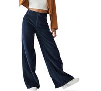 Joligiao Corduroy Trousers Womens Casual Stretch Pull On High Waisted Wide Leg Trousers Ladies Lightweight Full Length Vintage Lounge Pants with Button Zipper 4 Pockets Navy