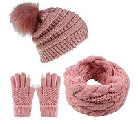 Joligiao Hat Knit Women Loop Scarf Set and Touchscreen Gloves Winter Knitted Beanie Hat And Knitted Thick Socks 3-4 Pcs Warmer Set Winter Gifts for Girls Outdoor Soft,Pink(3 piece set),One size