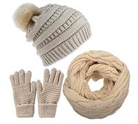 Joligiao Hat Knit Women Loop Scarf Set and Touchscreen Gloves Winter Knitted Beanie Hat And Knitted Thick Socks 3-4 Pcs Warmer Set Winter Gifts for Girls Outdoor Soft,Beige(3 piece set),One size