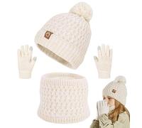 Joligiao Kids Girls Winter Hat Scarf Gloves Set Thermal Fleece Lined Sets | Knitted Fleece Lining Slouchy Beanie Cap Pompom Snood Neck Warmer Touchscreen Mittens Winter Accessories Sets for 4-10 Age