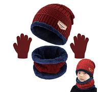 Joligiao Kids Winter Knitted Beanie Hat Scarf Gloves Set Warm Soft Hat Fleece Inner Lining Circle Loop Scarf Gloves 3-in-1 Set For Children (Wine red,One size)