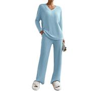 Joligiao Lounge Wear Sets for Women UK Ladies Ribbed 2 Piece Outfit Leisure Co Ord Sets Tracksuit Full Set V Neck Long Sleeve Pyjamas Top and Wide Leg Trousers Suits with Pockets(Blue,S)
