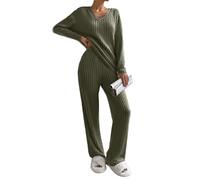 Joligiao Lounge Wear Sets for Women UK Ladies Ribbed 2 Piece Outfit Leisure Co Ord Sets Tracksuit Full Set V Neck Long Sleeve Pyjamas Top and Wide Leg Trousers Suits with Pockets(Army Green,XXL)