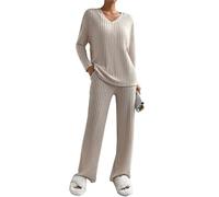Joligiao Lounge Wear Sets for Women UK Ladies Ribbed 2 Piece Outfit Leisure Co Ord Sets Tracksuit Full Set V Neck Long Sleeve Pyjamas Top and Wide Leg Trousers Suits with Pockets(Apricot,S)