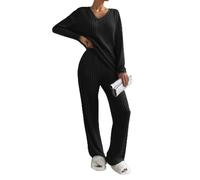 Joligiao Lounge Wear Sets for Women UK Ladies Ribbed 2 Piece Outfit Leisure Co Ord Sets Tracksuit Full Set V Neck Long Sleeve Pyjamas Top and Wide Leg Trousers Suits with Pockets(Black,XL)