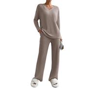 Joligiao Lounge Wear Sets for Women UK Ladies Ribbed 2 Piece Outfit Leisure Co Ord Sets Tracksuit Full Set V Neck Long Sleeve Pyjamas Top and Wide Leg Trousers Suits with Pockets(Khaki,M)