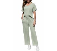 Joligiao Lounge Wear Sets for Women UK Ladies Ribbed Tracksuit Full Set Oversized Short Sleeve Pyjamas Top and Wide Leg Lounge Pants with Pockets 2 Piece Airport Travel Outfit Casual Sleepwear