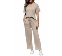Joligiao Lounge Wear Sets for Women UK Ladies Ribbed Tracksuit Full Set Oversized Short Sleeve Pyjamas Top and Wide Leg Lounge Pants with Pockets 2 Piece Airport Travel Outfit Casual Sleepwear