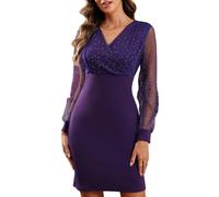 Joligiao Party Dresses for Women UK Elegant V-Neck Mesh Long Sleeve Sexy Slim Short Dress Ladies Retro Club Cocktail Black Prom Dress Sequin Bodycon Mini Dresses(Purple,XL)