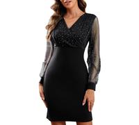 Joligiao Party Dresses for Women UK Elegant V-Neck Mesh Long Sleeve Sexy Slim Short Dress Ladies Retro Club Cocktail Black Prom Dress Sequin Bodycon Mini Dresses(Black,M)