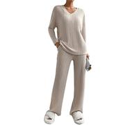 Joligiao Ribbed Lounge Wear Sets for Women UK Two Piece Outfit Tracksuit Solid Color Leisure Suits Homewear V Neck Long Sleeve Tops and Wide Leg Trousers Pyjamas Sets with Pockets Apricot M