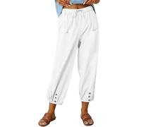 Joligiao Women’s Linen Trousers Loose Wide-Leg Summer Pants with Elastic Waist and Drawstring Cotton-Linen Blend Beach Cargo Trousers with Pockets Boho Yoga Casual Trousers for Women UK White M