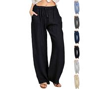 Joligiao Women's Cotton Linen Trousers with Pockets Loose Palazzo Lounge Pants Elastic Waist Wide Leg Drawstring Casual Solid Color Trousers Tracksuit Bottom Joggers,Black,L