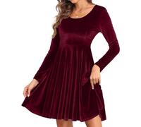 Joligiao Women's Long Sleeve Velvet Dress - Round Neck Swing Mini High Waist Elegant Short Sexy Cocktail for Autumn Winter Evening Clubbing - Wine Red XXL
