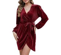 Joligiao Women's Long Sleeve Wrap V Neck Mini Dress Semi Formal Velvet Dress Waist Tie Ruffle Dresses Ladies Sexy Elegant Cocktail Party Winter Club Dress(Wine Red,S)